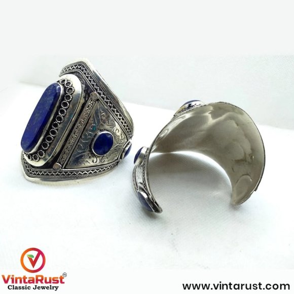 single Lapis Lazuli Stone Cuff Bracelet, Vintage Cuff Bracelet, Boho Cuff - Picture 3 of 3